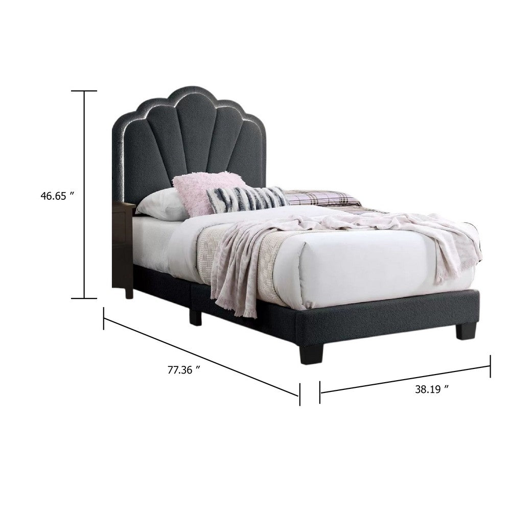 Roxy Twin Bed, Charcoal Gray Wool, LED Lighting, Padded Headboard - BM341139