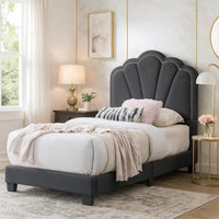 Roxy Twin Bed, Charcoal Gray Wool, LED Lighting, Padded Headboard - BM341139