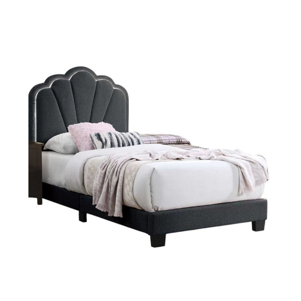 Roxy Twin Bed, Charcoal Gray Wool, LED Lighting, Padded Headboard - BM341139