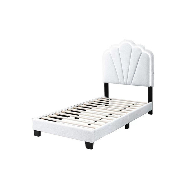 Roxy Twin Bed, White Wool Upholstery, LED Lighting, Padded Headboard - BM341140