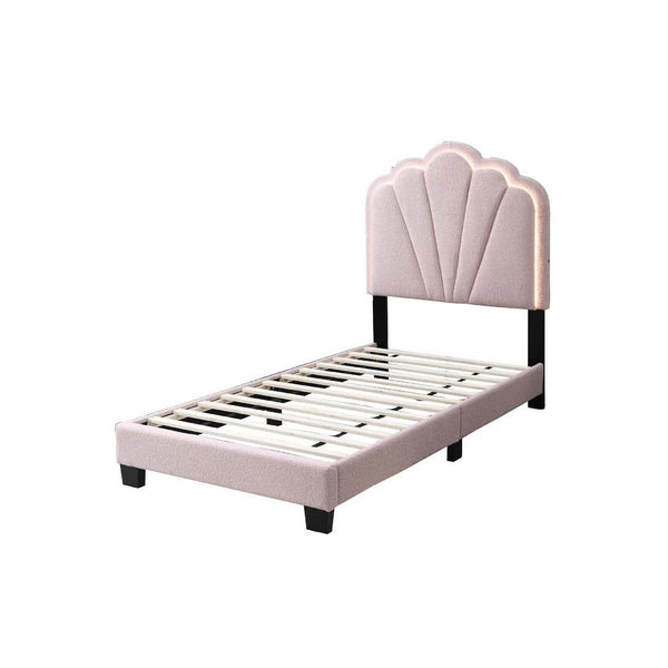 Roxy Twin Bed, Pink Wool Upholstery, LED Lighting, Padded Headboard - BM341141