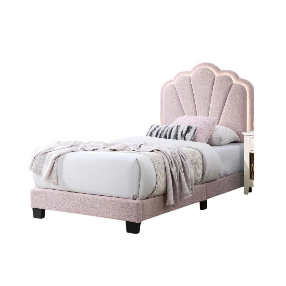 Roxy Twin Bed, Pink Wool Upholstery, LED Lighting, Padded Headboard - BM341141