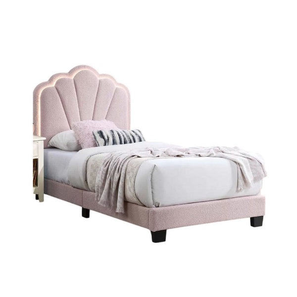 Roxy Twin Bed, Pink Wool Upholstery, LED Lighting, Padded Headboard - BM341141