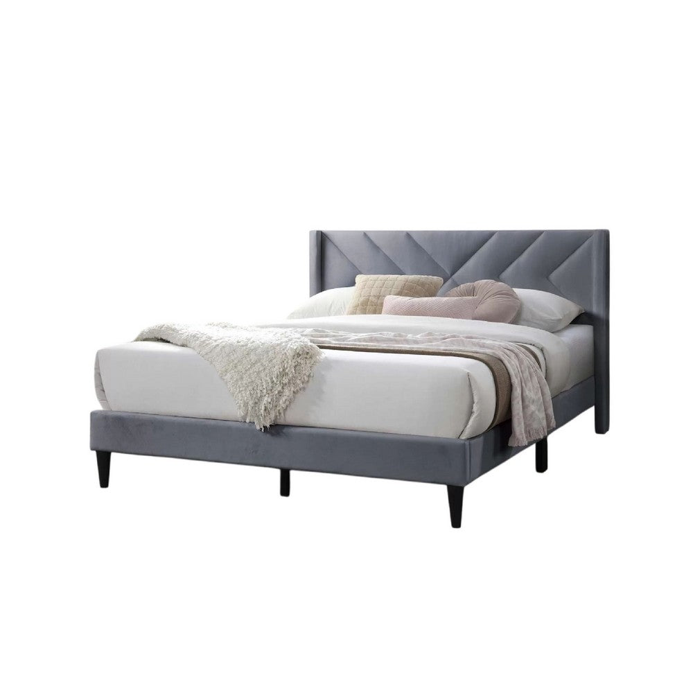 Niasa Full Size Bed, Chevron Tufted Gray Velvet Upholstered Foam - BM341146