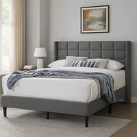 Zensa Full Bed, Light Gray Linen Upholstery, Padded Wing Headboard - BM341149