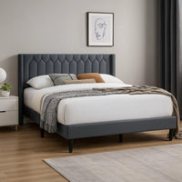 Liana Full Bed, Tufted Charcoal Gray Burlap Upholstery, Foam Padding - BM341150