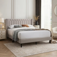 Liana Full Bed, Tufted Light Brown Burlap Upholstery, Foam Padding - BM341151