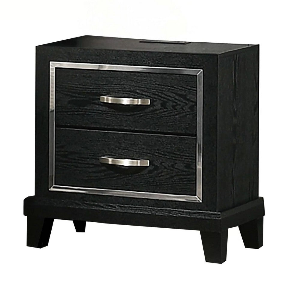 Nightstand with Charging Station, 2 Drawers, Black Rubberwood 24 Inch - BM341152