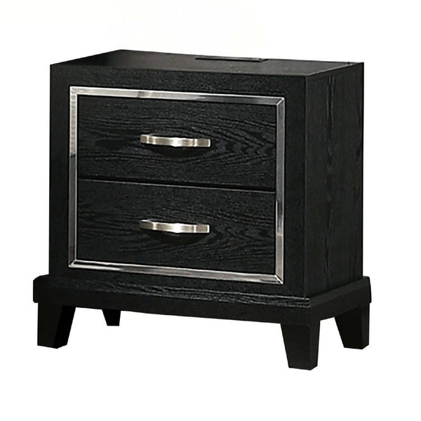 Nightstand with Charging Station, 2 Drawers, Black Rubberwood 24 Inch - BM341152
