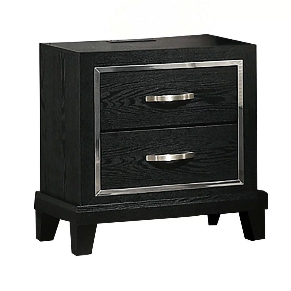 Nightstand with Charging Station, 2 Drawers, Black Rubberwood 24 Inch - BM341152