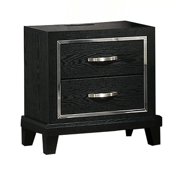 Nightstand with Charging Station, 2 Drawers, Black Rubberwood 24 Inch - BM341152