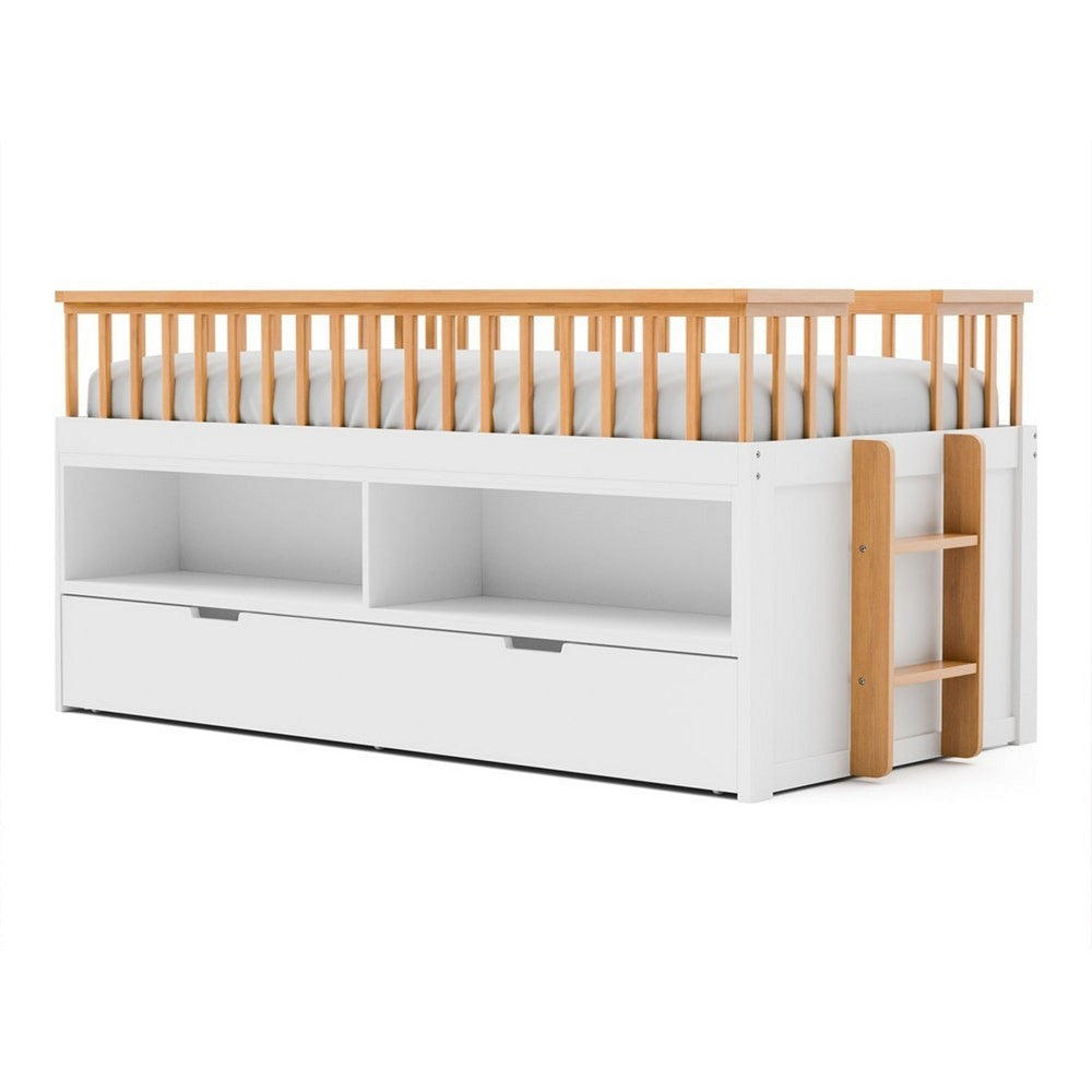 Lexo Twin Bookcase Bunk Bed w Trundle and Ladder, White & Natural Oak - BM342275
