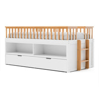 Lexo Twin Bookcase Bunk Bed w Trundle and Ladder, White & Natural Oak - BM342275