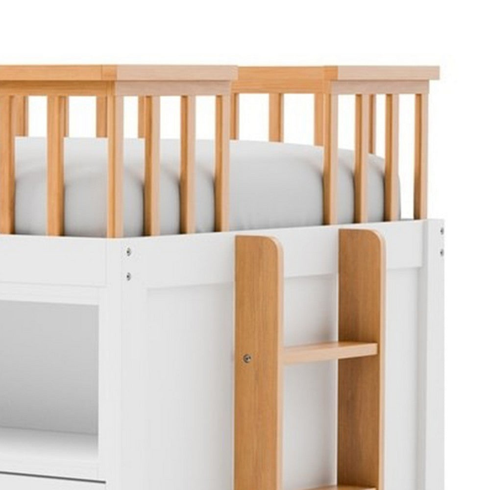 Lexo Twin Bookcase Bunk Bed w Trundle and Ladder, White & Natural Oak - BM342275