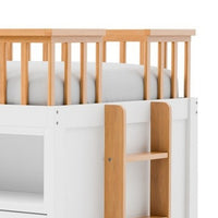 Lexo Twin Bookcase Bunk Bed w Trundle and Ladder, White & Natural Oak - BM342275