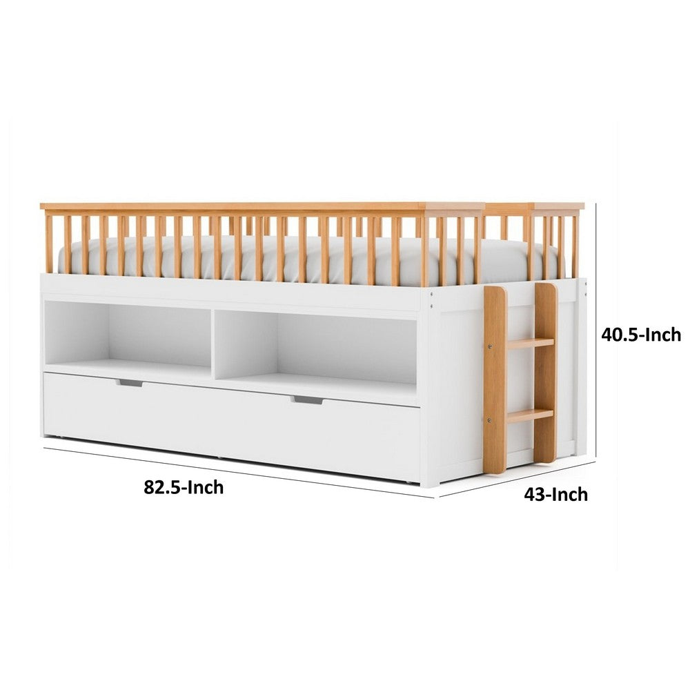 Lexo Twin Bookcase Bunk Bed w Trundle and Ladder, White & Natural Oak - BM342275