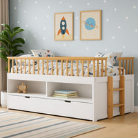 Lexo Twin Bookcase Bunk Bed w Trundle and Ladder, White & Natural Oak - BM342275
