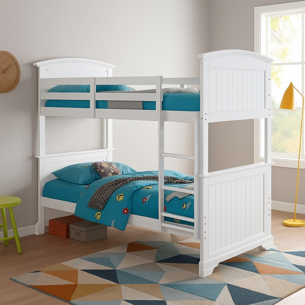 Rexo Twin over Twin Bunk Bed with Ladder, Plank Style Headboard, White - BM342277