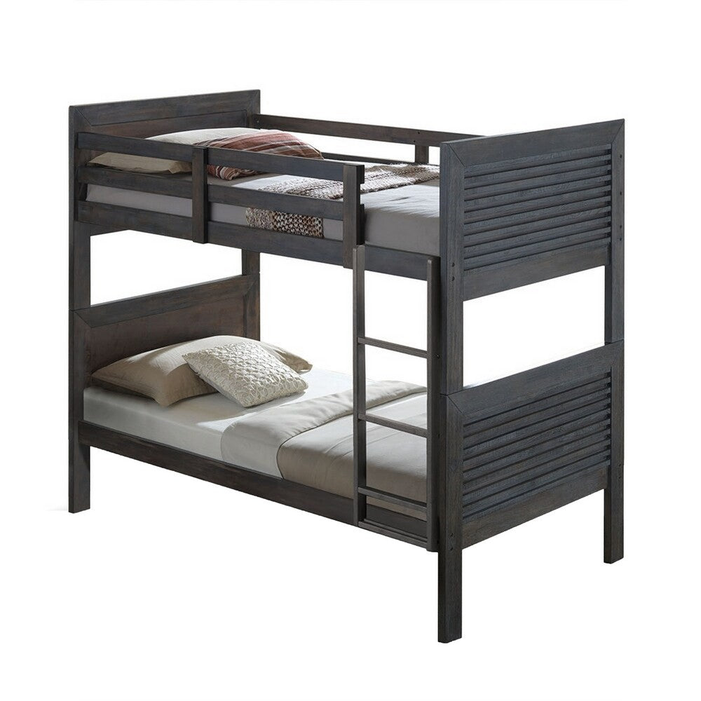 Wexo Twin over Twin Bunk Bed, Charcoal Brown Slat Design and Ladder - BM342279