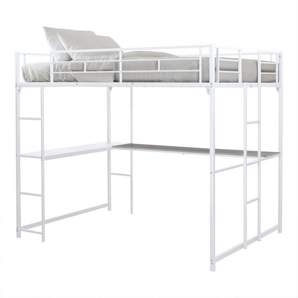 Dexo Twin Loft Bed with Built in Workstation and Ladder, White Metal - BM342283