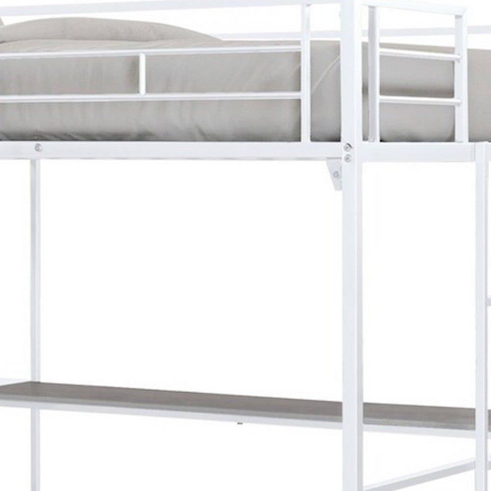Dexo Twin Loft Bed with Built in Workstation and Ladder, White Metal - BM342283