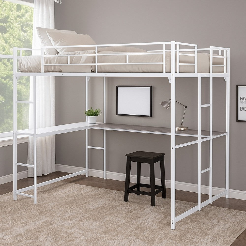 Dexo Twin Loft Bed with Built in Workstation and Ladder, White Metal - BM342283