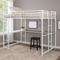 Dexo Twin Loft Bed with Built in Workstation and Ladder, White Metal - BM342283