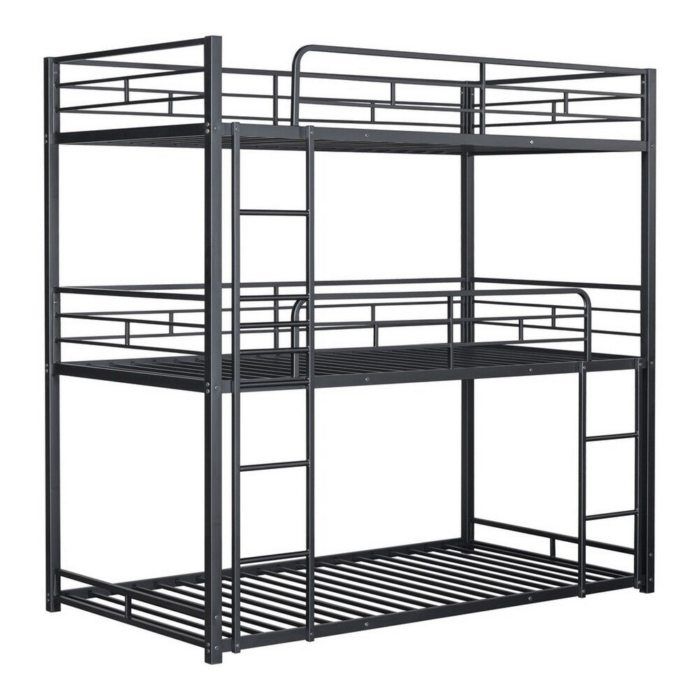 Fexo 3 Tier Twin Size Bunk Bed with Attached Ladder, Black Metal Frame - BM342284