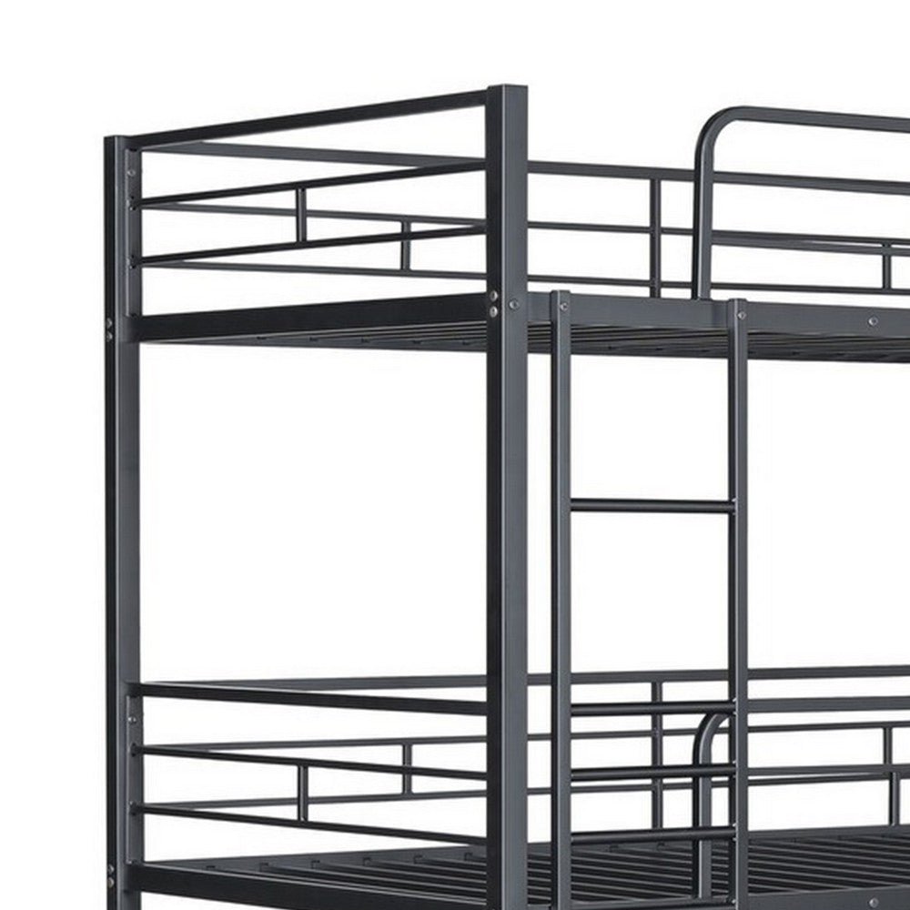 Fexo 3 Tier Twin Size Bunk Bed with Attached Ladder, Black Metal Frame - BM342284