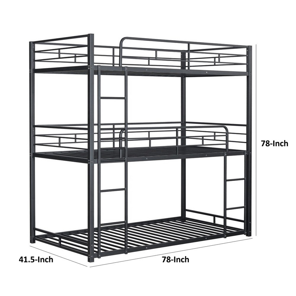 Fexo 3 Tier Twin Size Bunk Bed with Attached Ladder, Black Metal Frame - BM342284