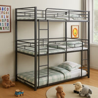 Fexo 3 Tier Twin Size Bunk Bed with Attached Ladder, Black Metal Frame - BM342284