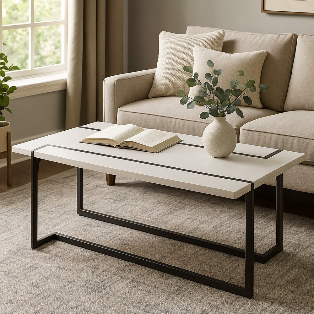 Iry Coffee Table, Black Steel Sled Base, 47 Inch, Gloss White Lacquer Top - BM342287