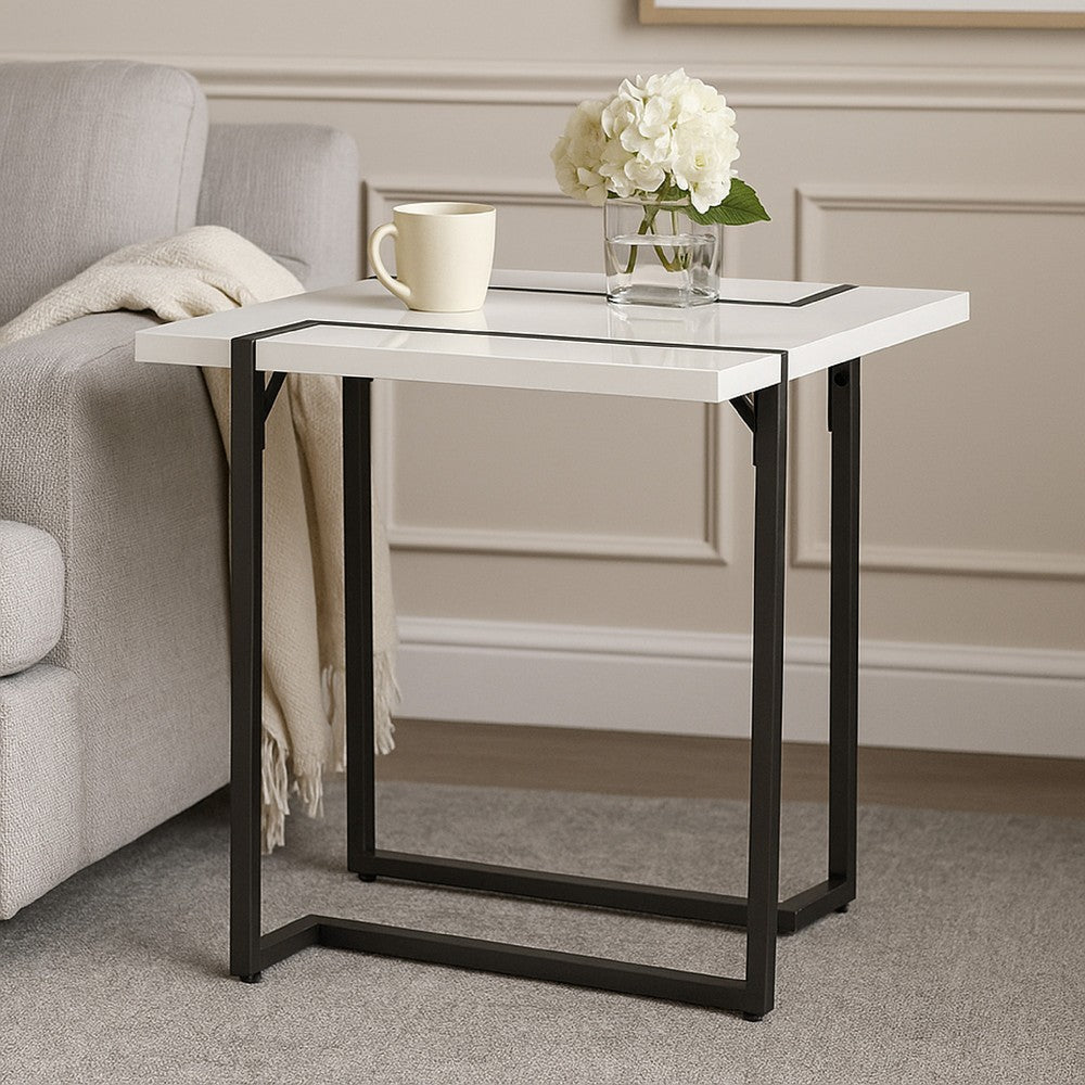Iry Side End Table, Black Steel Sled Base, 22 Inch, Gloss White Lacquer - BM342288