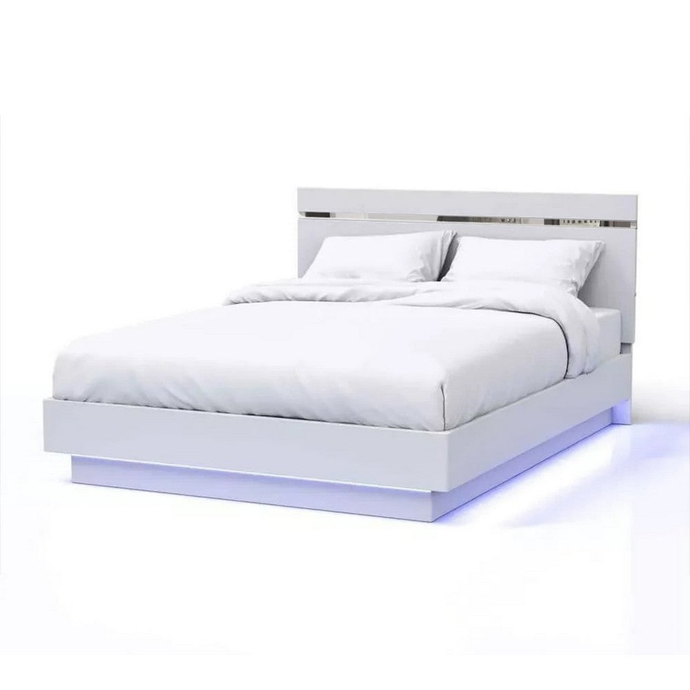 Pero Queen Size Bed, Chrome Accent Headboard, White LED Footboard - BM342293