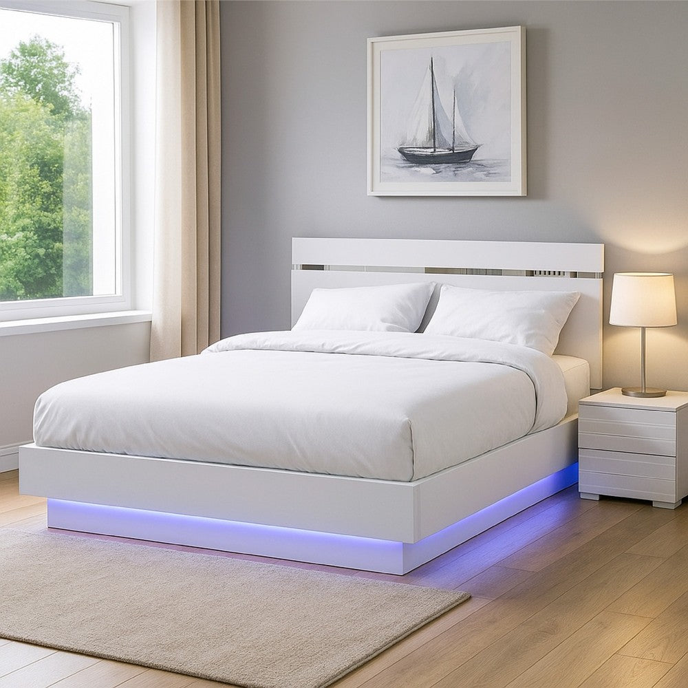 Pero Queen Size Bed, Chrome Accent Headboard, White LED Footboard - BM342293