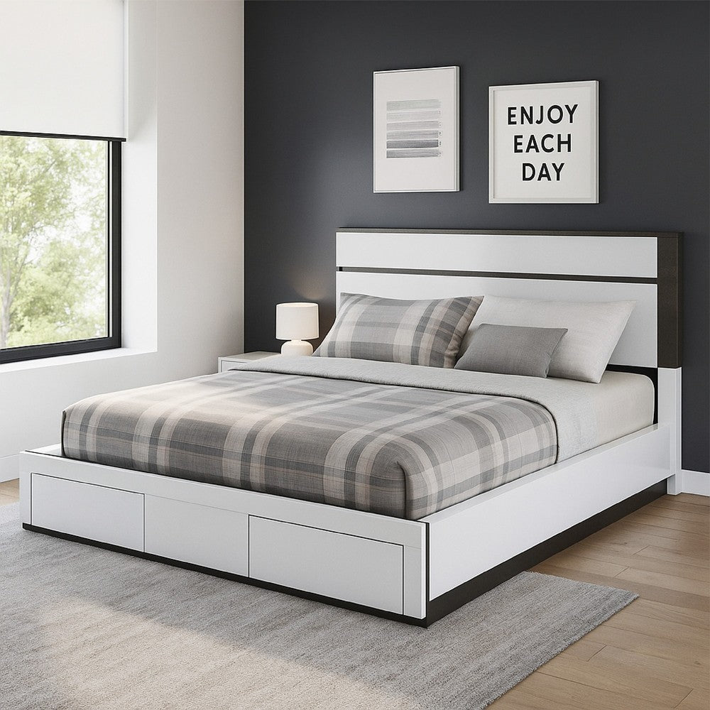 Kena King Size Bed, White Gray Panel Headboard, Footboard Storage Drawers - BM342294