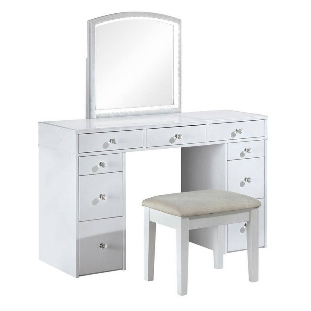 Texo 3pc White Vanity Table Set with LED Mirror and Beige Padded Stool - BM342298
