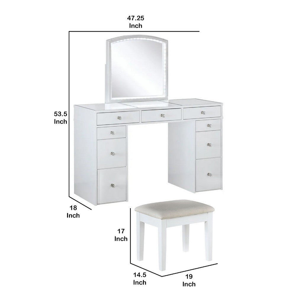 Texo 3pc White Vanity Table Set with LED Mirror and Beige Padded Stool - BM342298