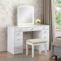 Texo 3pc White Vanity Table Set with LED Mirror and Beige Padded Stool - BM342298