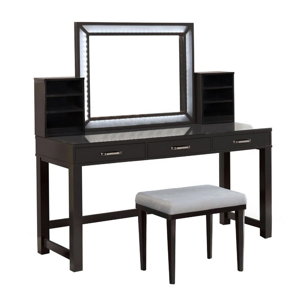 Jexo 3pc Cherry Vanity Table Set with LED Mirror, 3 Drawer, Gray Padded Stool - BM342299