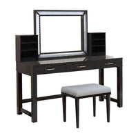 Jexo 3pc Cherry Vanity Table Set with LED Mirror, 3 Drawer, Gray Padded Stool - BM342299