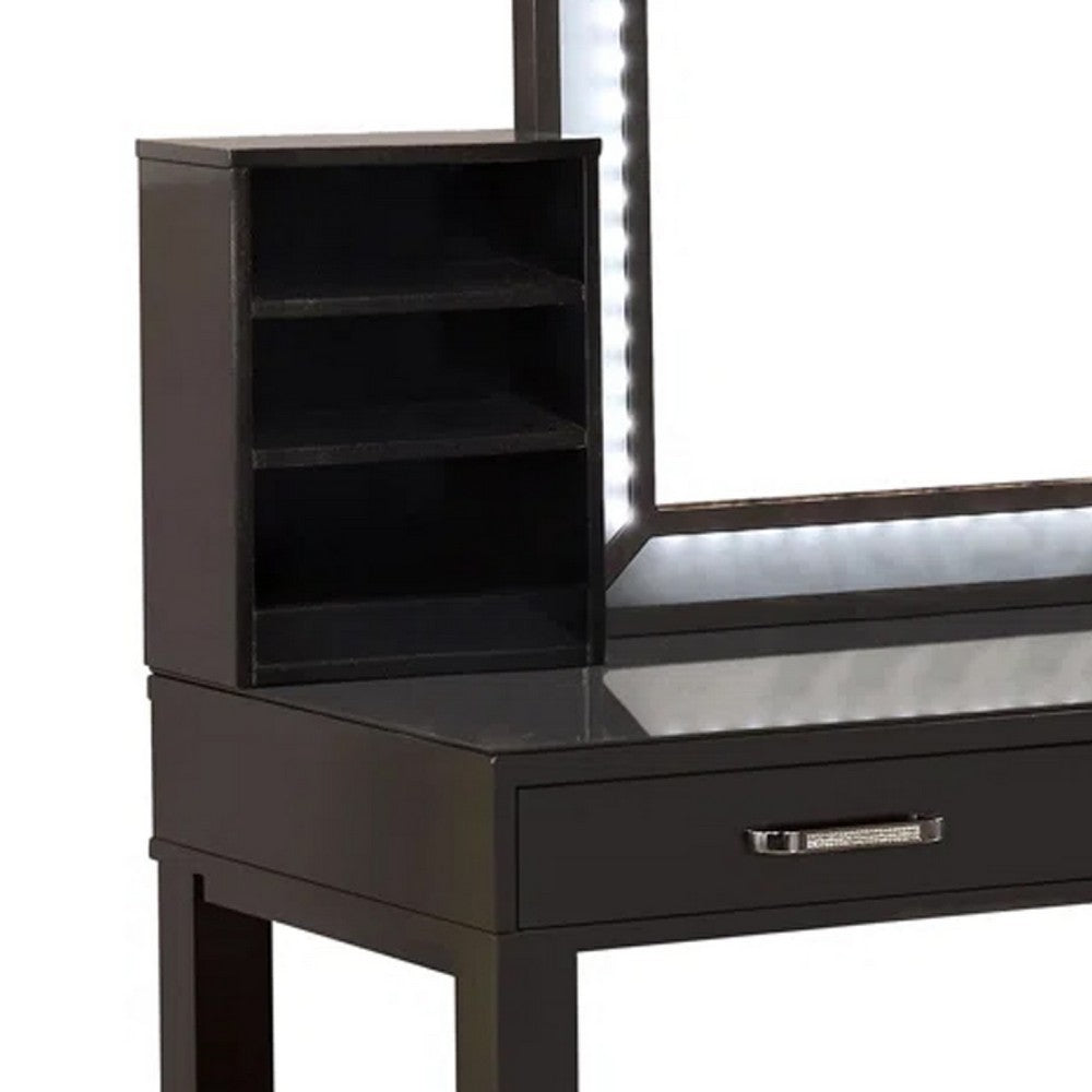 Jexo 3pc Cherry Vanity Table Set with LED Mirror, 3 Drawer, Gray Padded Stool - BM342299