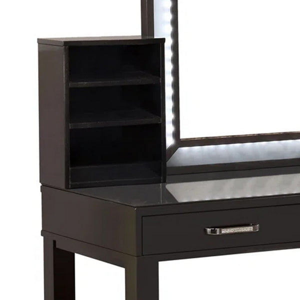 Jexo 3pc Cherry Vanity Table Set with LED Mirror, 3 Drawer, Gray Padded Stool - BM342299