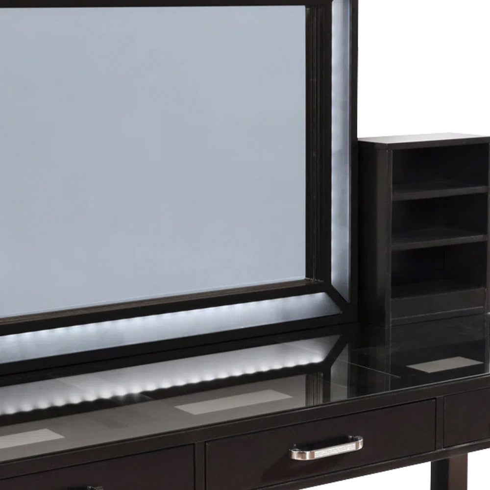 Jexo 3pc Cherry Vanity Table Set with LED Mirror, 3 Drawer, Gray Padded Stool - BM342299