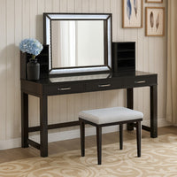 Jexo 3pc Cherry Vanity Table Set with LED Mirror, 3 Drawer, Gray Padded Stool - BM342299