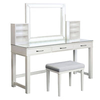 Jexo 3pc White Vanity Table Set with LED Mirror, 3 Drawer, Gray Stool - BM342300