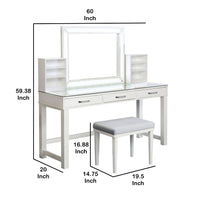 Jexo 3pc White Vanity Table Set with LED Mirror, 3 Drawer, Gray Stool - BM342300