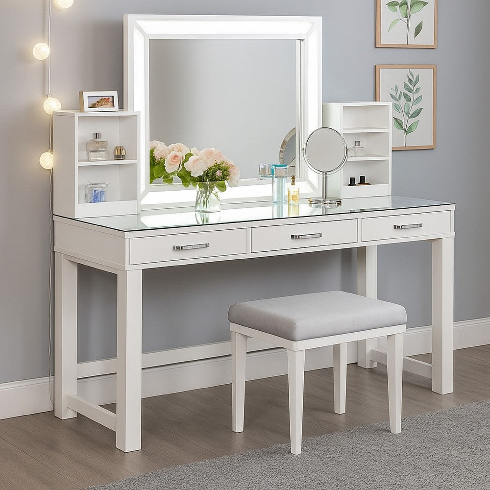 Jexo 3pc White Vanity Table Set with LED Mirror, 3 Drawer, Gray Stool - BM342300