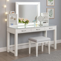 Jexo 3pc White Vanity Table Set with LED Mirror, 3 Drawer, Gray Stool - BM342300