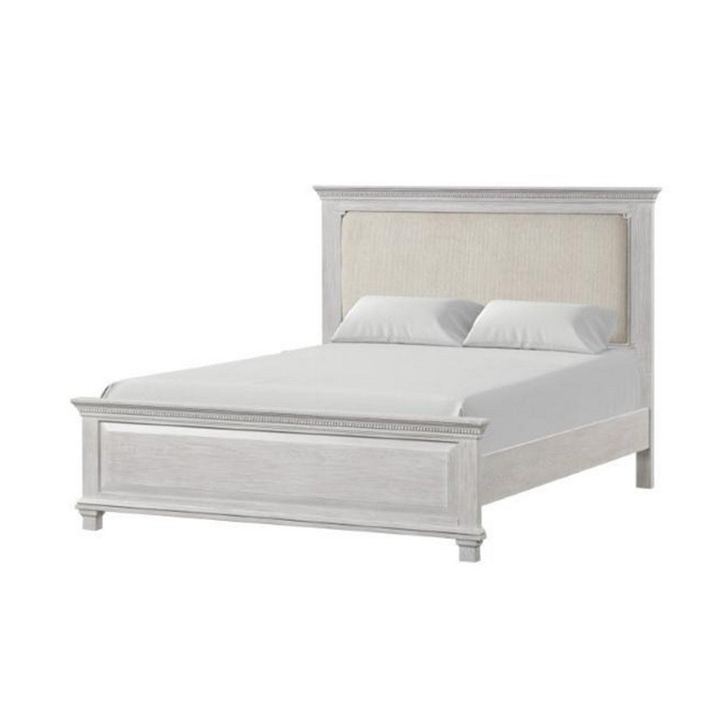 Leyne Queen Bed, Cream Upholstery, Dentil Molding Weathered Gray Wood - BM342304